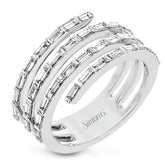 Baguette diamonds set into horizontal rows give this ring a unique look, like multiple rings stacked.