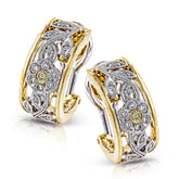 Featuring a delicate floral design, these two-tone vintage style earrings are set with .23 ctw of round cut white diamonds and .04 ctw of round yellow diamonds in a shimmering yellow and white gold setting.