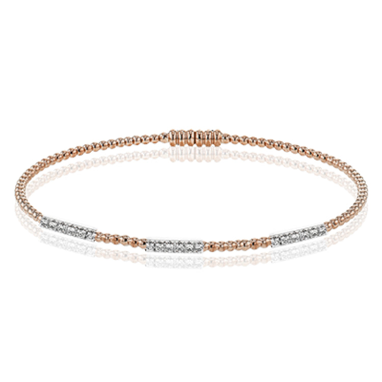 18K rose gold beaded stackable bangle with 3 stations of diamonds 0.23 ctw. set in white gold, and a magnetic closure