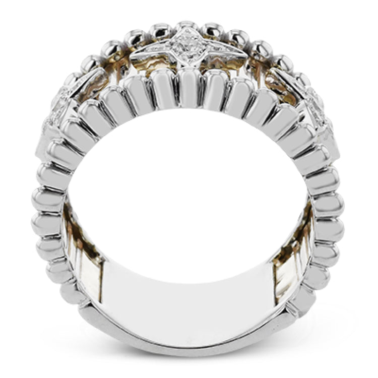 Make a statement in this fashion ring with 18K strands of rose gold adorned with .30 ctw diamonds inside a flower pattern, and white gold beaded edge