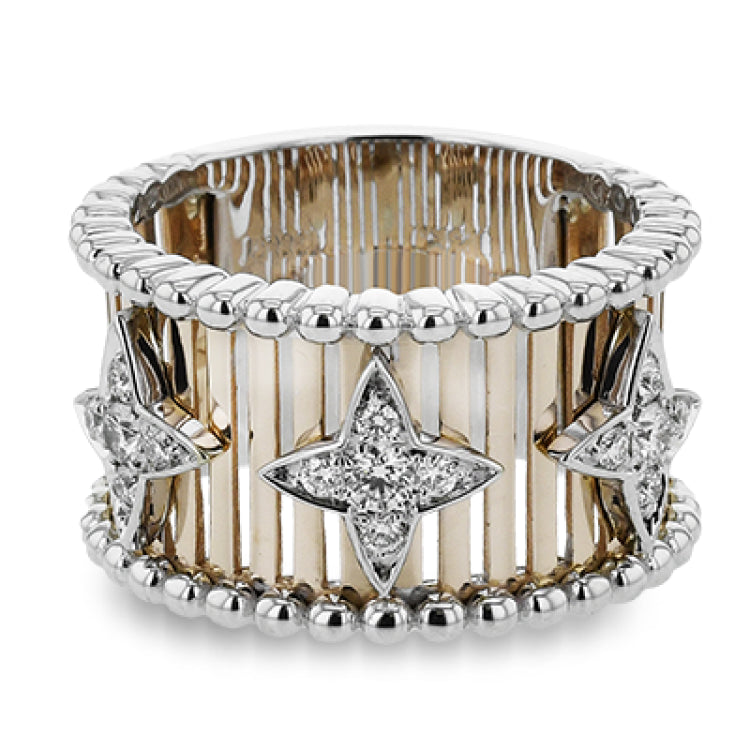 Make a statement in this fashion ring with 18K strands of rose gold adorned with .30 ctw diamonds inside a flower pattern, and white gold beaded edge