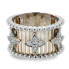 Make a statement in this fashion ring with 18K strands of rose gold adorned with .30 ctw diamonds inside a flower pattern, and white gold beaded edge