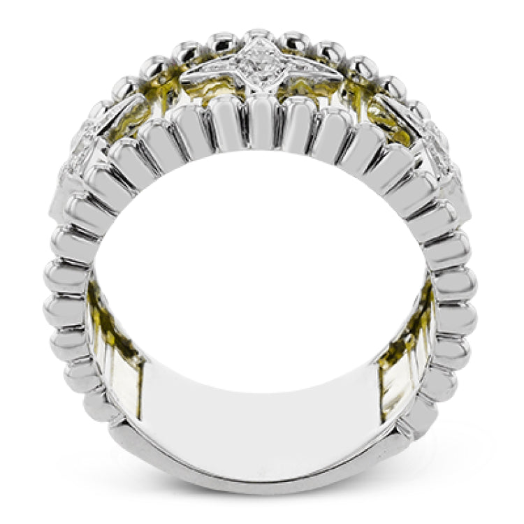 Make a statement in this fashion ring with 18K strands of rose gold adorned with .30 ctw diamonds inside a flower pattern, and white gold beaded edge