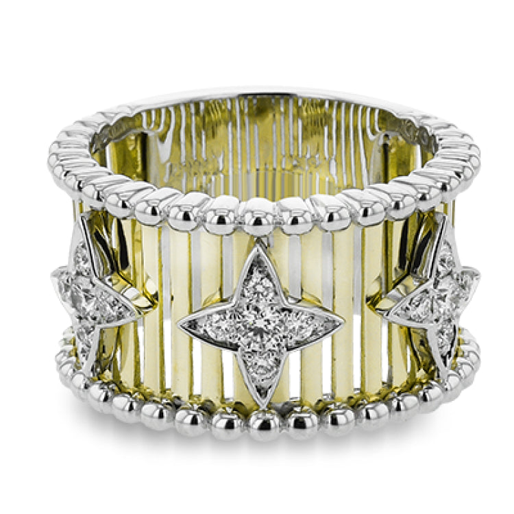 Make a statement in this fashion ring with 18K strands of rose gold adorned with .30 ctw diamonds inside a flower pattern, and white gold beaded edge