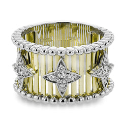 Make a statement in this fashion ring with 18K strands of rose gold adorned with .30 ctw diamonds inside a flower pattern, and white gold beaded edge