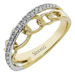 A unique 18K two-tone right hand ring combines yellow gold links with a strand of white diamonds 0.19 ctw., traversing the top of the ring.