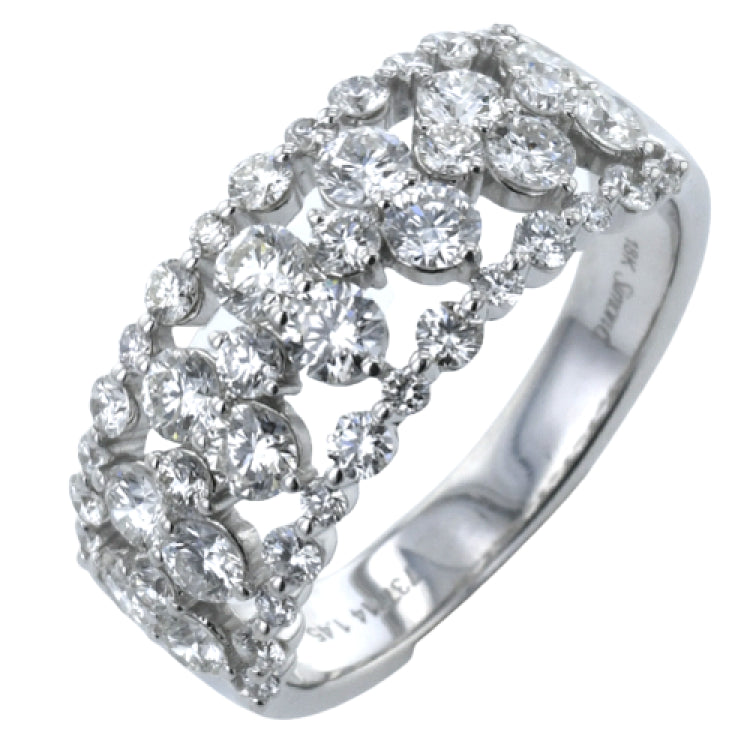 An eye catching diamond anniversary ring gleaming with 1.45 ctw of brillant white diamonds in 18K white gold band.
