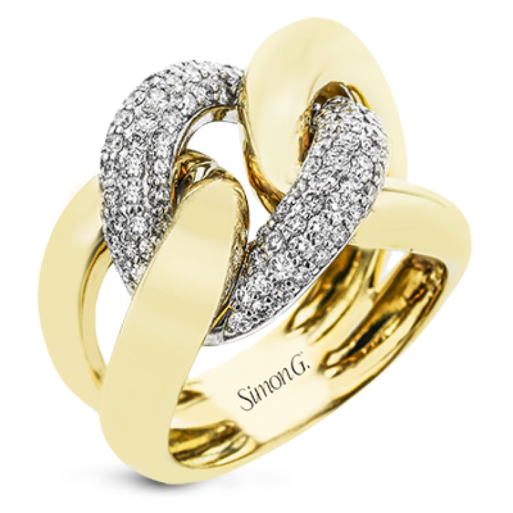 A modern take on the love knot this right hand ring in 18K yellow and white gold, features interlocking links of high polish gold and a diamond link 0.79 ctw.