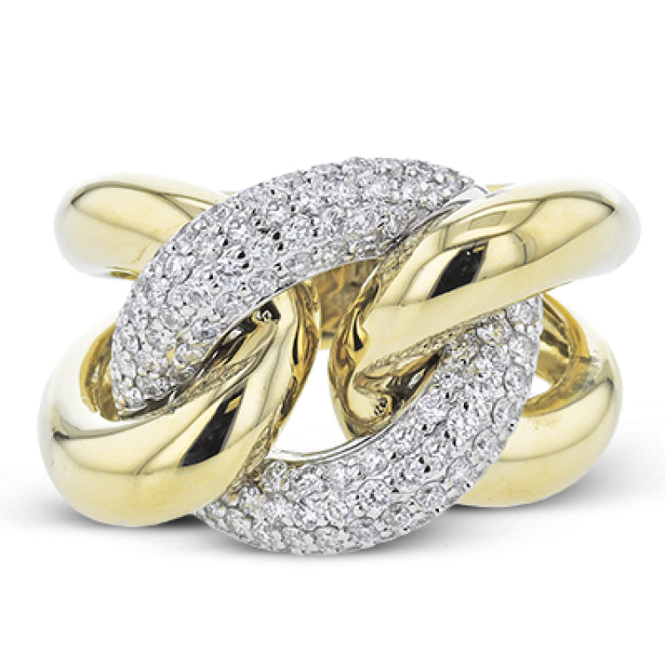 A modern take on the love knot this right hand ring in 18K yellow and white gold, features interlocking links of high polish gold and a diamond link 0.79 ctw.
