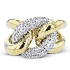 A modern take on the love knot this right hand ring in 18K yellow and white gold, features interlocking links of high polish gold and a diamond link 0.79 ctw.