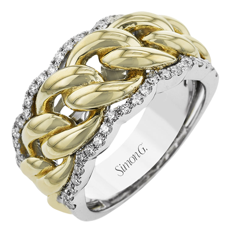 This modern wide right hand ring features interlocking high polish gold links, outlined with a scalloped edge of round diamonds 0.39 ctw set in white gold.