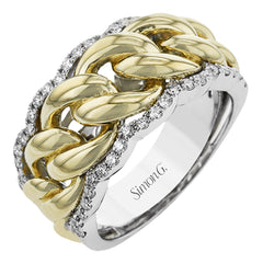 This modern wide right hand ring features interlocking high polish gold links, outlined with a scalloped edge of round diamonds 0.39 ctw set in white gold.