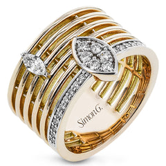 This rose/white 2tone cigar band has an open weave design and features a single MQ diamond .10 ctw., and a marquise shaped station with 0.27 ct. of RD diamonds.