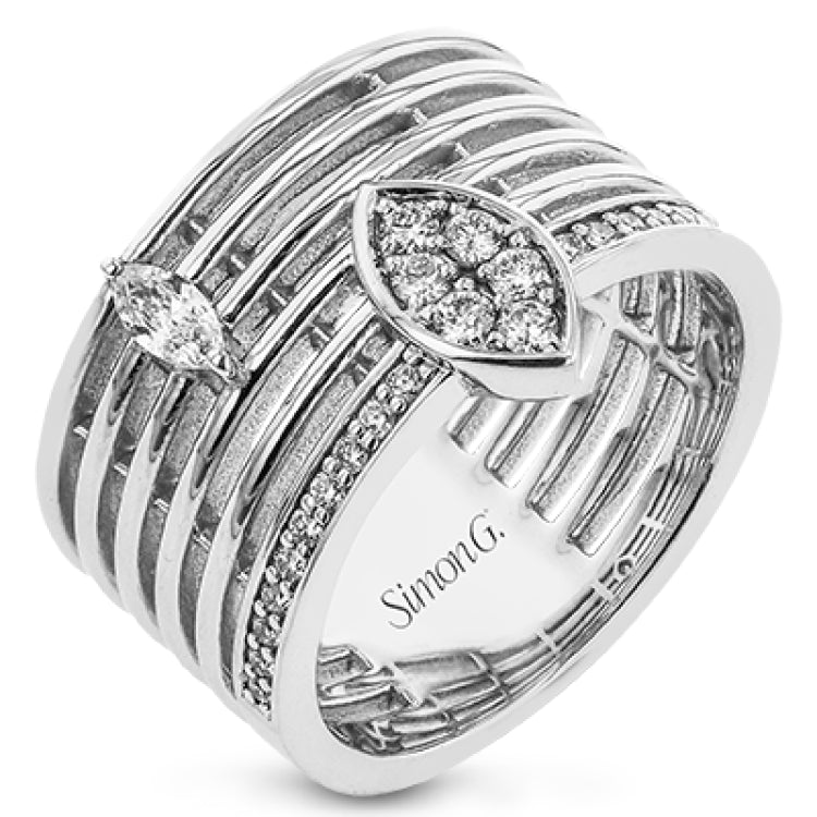 This rose/white 2tone cigar band has an open weave design and features a single MQ diamond .10 ctw., and a marquise shaped station with 0.27 ct. of RD diamonds.