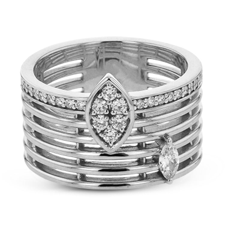 This rose/white 2tone cigar band has an open weave design and features a single MQ diamond .10 ctw., and a marquise shaped station with 0.27 ct. of RD diamonds.