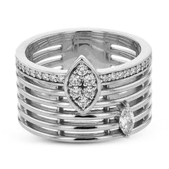 This rose/white 2tone cigar band has an open weave design and features a single MQ diamond .10 ctw., and a marquise shaped station with 0.27 ct. of RD diamonds.