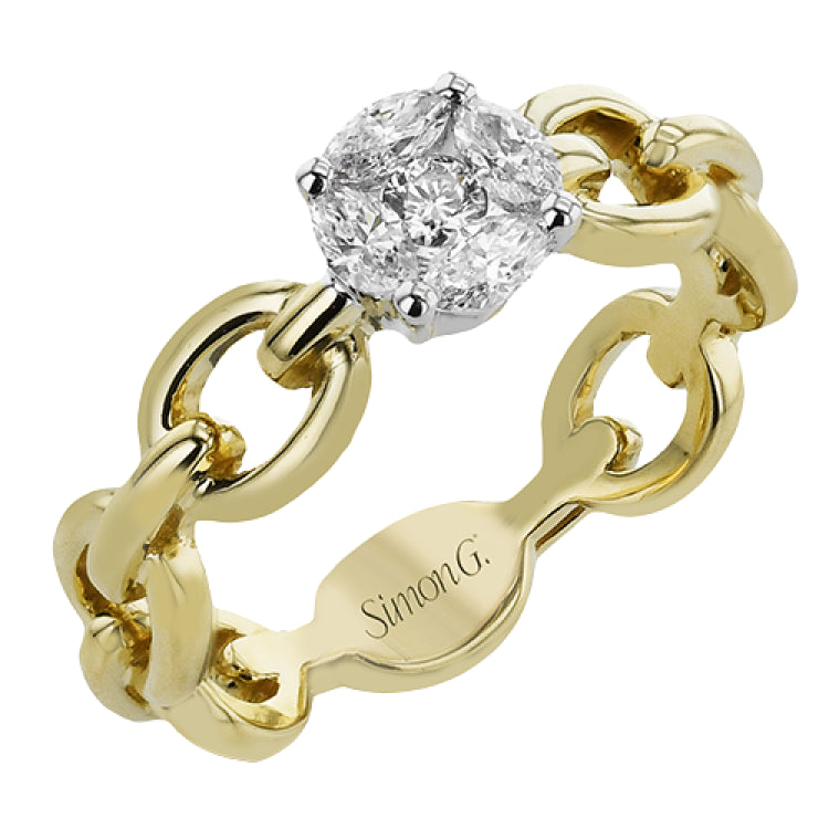 This modern engagement ring in 18K yellow from our chain link collection features a mosaic center of Marquise diamonds 0.28 ctw and Round diamonds 0.06 ctw.
