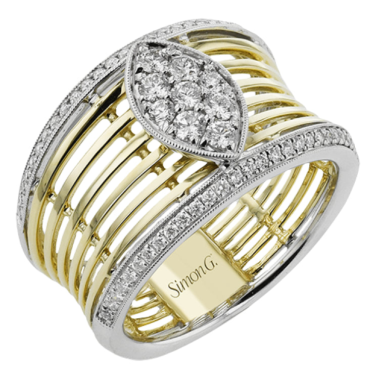 This yellow/white 2tone cigar band has a concave shape and features a marquise shaped station with RD diamonds 0.48 ctw.