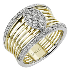 This yellow/white 2tone cigar band has a concave shape and features a marquise shaped station with RD diamonds 0.48 ctw.