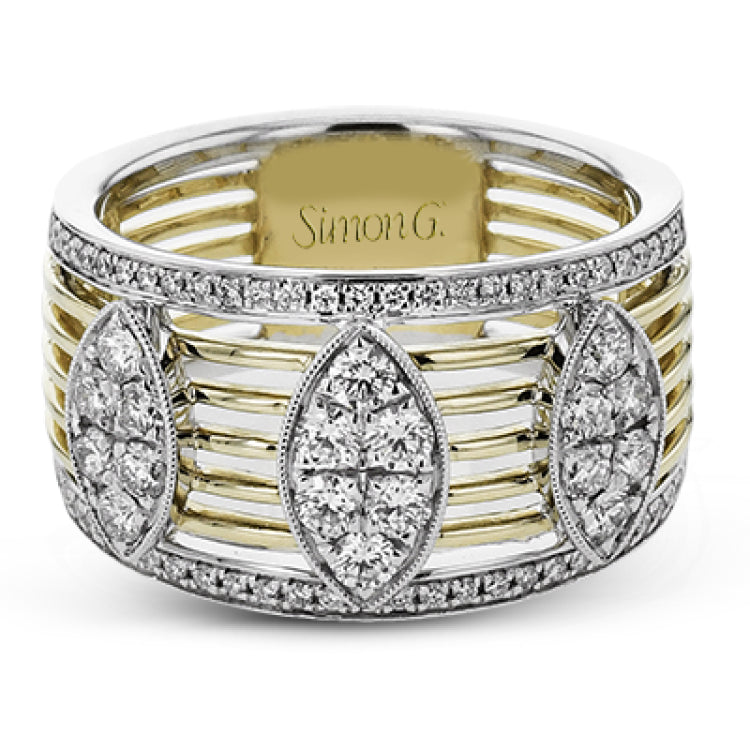 Our yellow/white 2tone cigar band has 3 marquise shaped stations with RD diamonds 0.66 ctw.