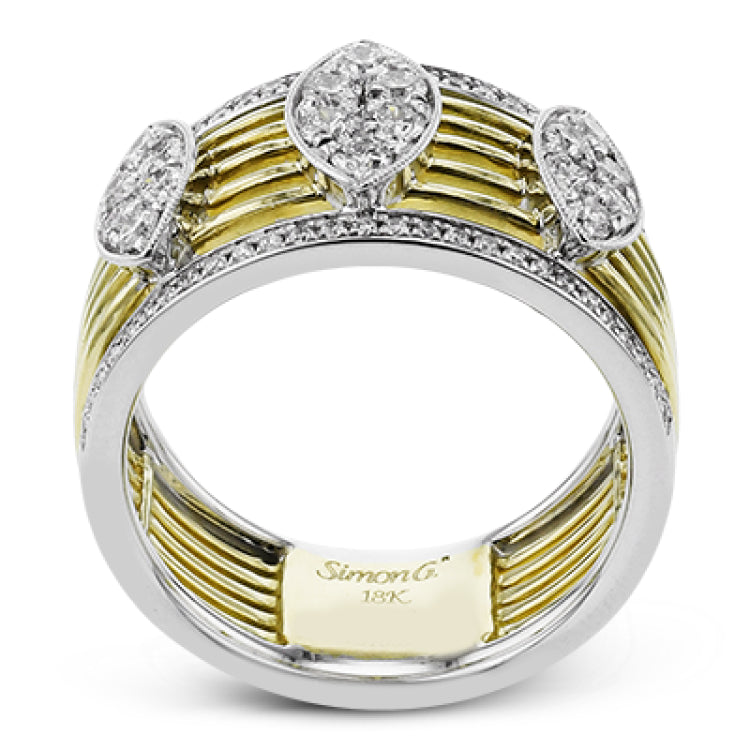 Our yellow/white 2tone cigar band has 3 marquise shaped stations with RD diamonds 0.66 ctw.