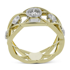18K two tone right hand ring has an open weave design and boasts bezel set diamonds 0.60 ctw. that appear to be floating atop this ring