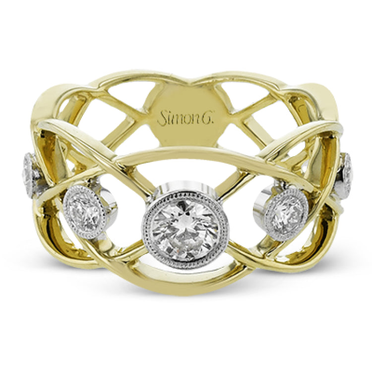 18K two tone right hand ring has an open weave design and boasts bezel set diamonds 0.60 ctw. that appear to be floating atop this ring