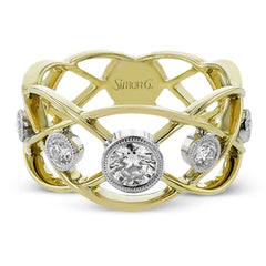 18K two tone right hand ring has an open weave design and boasts bezel set diamonds 0.60 ctw. that appear to be floating atop this ring