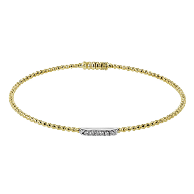 18K two tone YG beaded stackable bangle accented with 0.08 ctw of white diamonds, and a magnetic closure