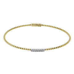 18K two tone YG beaded stackable bangle accented with 0.08 ctw of white diamonds, and a magnetic closure