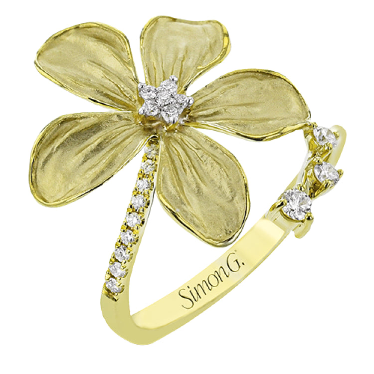 This whimsical YG flower twist ring has a cluster diam center and diamonds cascading along the shank and tip 0.17 ctw.
