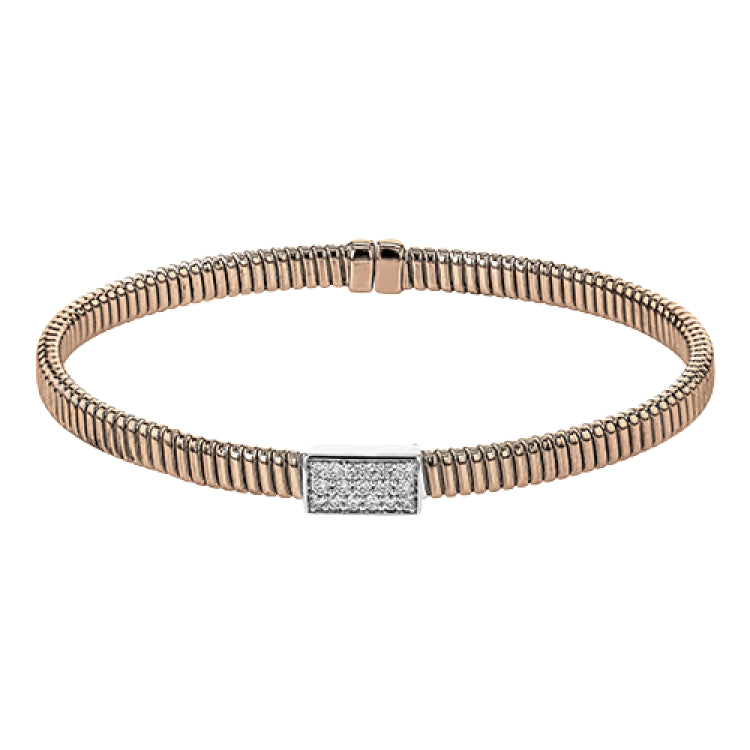 18k Rose gold textured bangle is highlighted by .25 ctw of diamonds set in a rectangular design. Perfect for stacking