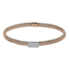 18k Rose gold textured bangle is highlighted by .25 ctw of diamonds set in a rectangular design. Perfect for stacking