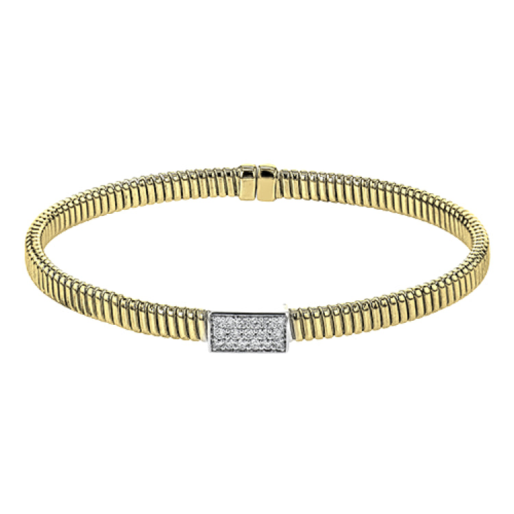 18k Yellow gold textured bangle is highlighted by .25 ctw of diamonds set in a rectangular design. Perfect for stacking