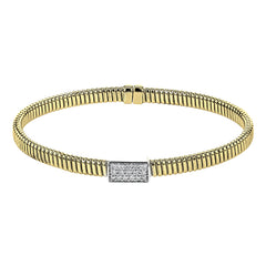 18k Yellow gold textured bangle is highlighted by .25 ctw of diamonds set in a rectangular design. Perfect for stacking