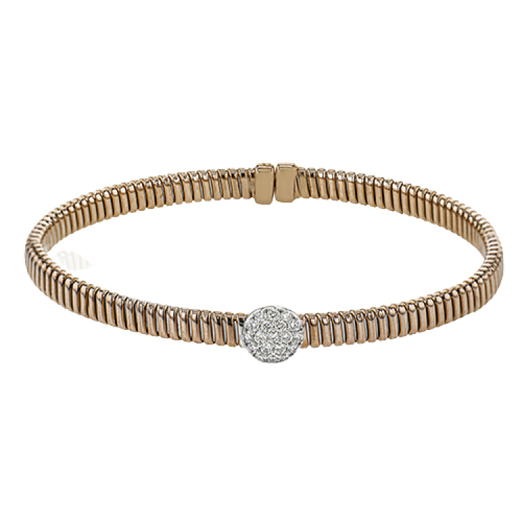 18K Rose gold textured bangle with round diamond accent .20 ctw. and magnetic closure, is a perfect bangle for stacking