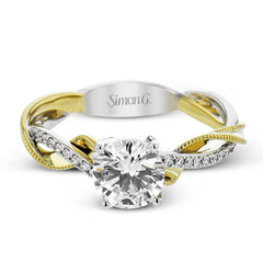 18K two-tone engagement ring has a delicate twist design with a polished yellow gold side trimmed with milgrain beading, and a diamond side 1/10 ctw. set in white gold