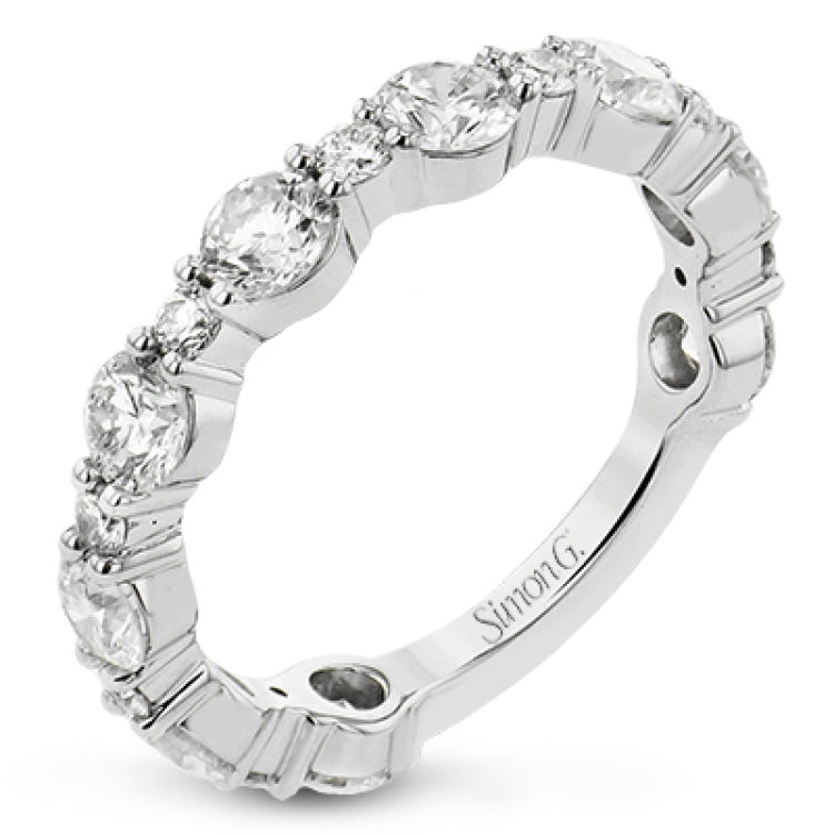 This brilliant diamond ring 2.07 ctw. in 18K white gold doubles as a wedding band and a stackable band, with a unique bubble design of alternating large and small round diamonds
