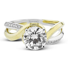 18K two-tone engagement ring has a delicate swirl design with a polished yellow gold side, and a white gold side set with 0.14 ctw of diamonds