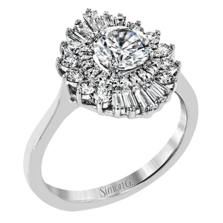 Crafted in 18K gold, this distinctive ring made for an Oval center stone features a halo of round diamonds 0.36 ctw, surrounded by a spray of baguette shaped diamonds 0.30 ctw.