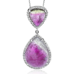 18K WHITE GOLD PENDENT FEATURING .41CTTW DIAMONDS DURROUNDING 10.24CTTW WATERMELON TOURMALINE STONES.