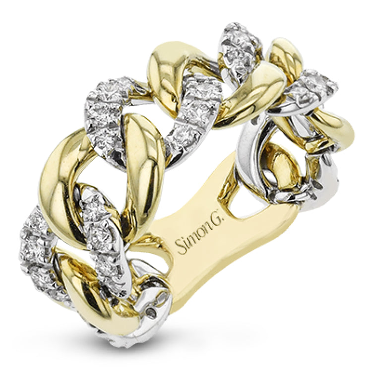This two tone right hand ring from our chain link collection gracefully alternates diamond covered links with high polish golden ones 0.64 ctw.