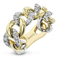 This two tone right hand ring from our chain link collection gracefully alternates diamond covered links with high polish golden ones 0.64 ctw.