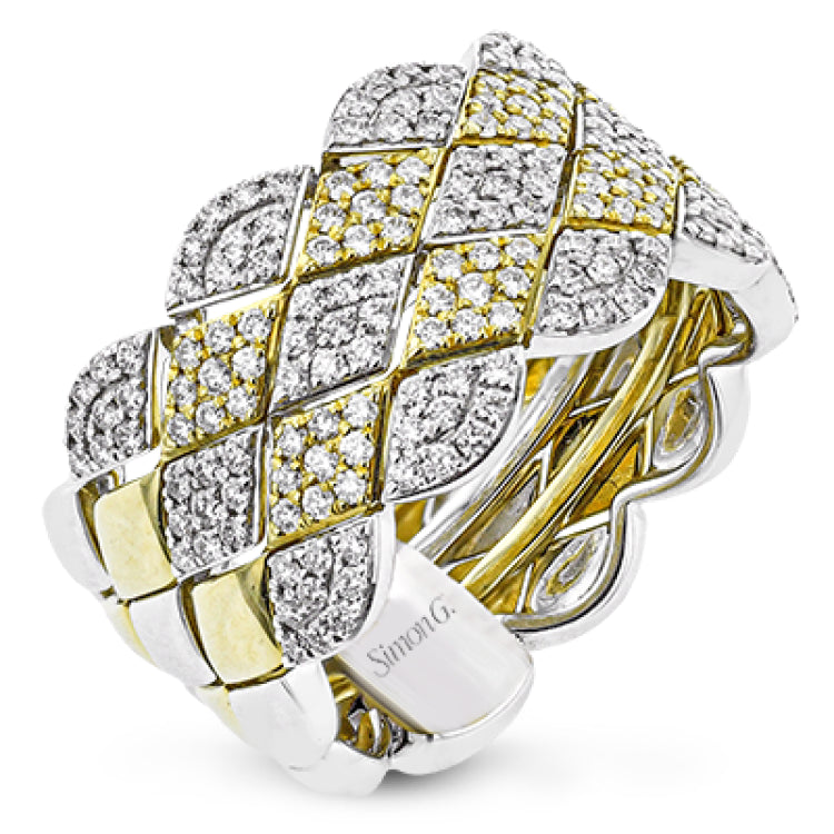 18k two tone contemporary right hand ring consists of 5 interlocking bands to create the look of of a single wide band and has 0.77 ctw of diamonds