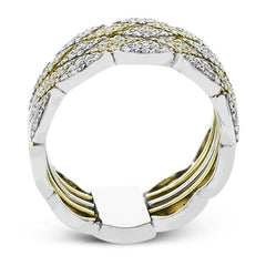 18k two tone contemporary right hand ring consists of 5 interlocking bands to create the look of of a single wide band and has 0.77 ctw of diamonds