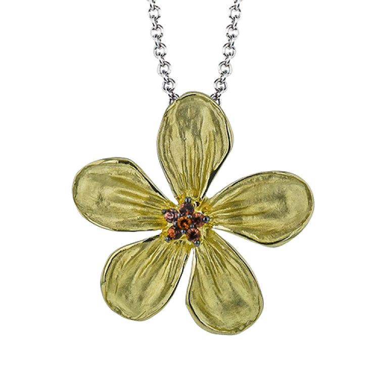 18K two tone gold textured flower pendant has a cluster of white diamonds in it's center 0.04 ctw on a white gold chain