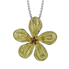 18K two tone gold textured flower pendant has a cluster of white diamonds in it's center 0.04 ctw on a white gold chain