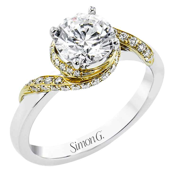 Contemporary 18 kt two-tone engagement ring has a swirl of white diamonds .24 ctw, set in yellow gold on a polished white gold shank