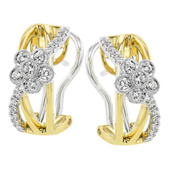 These nature inspired earrings 0.33 ctw. in 18K 2tone, adorn your ears with warm yellow gold bars highlighted by a swirl of white diamonds and a diamond flower design.