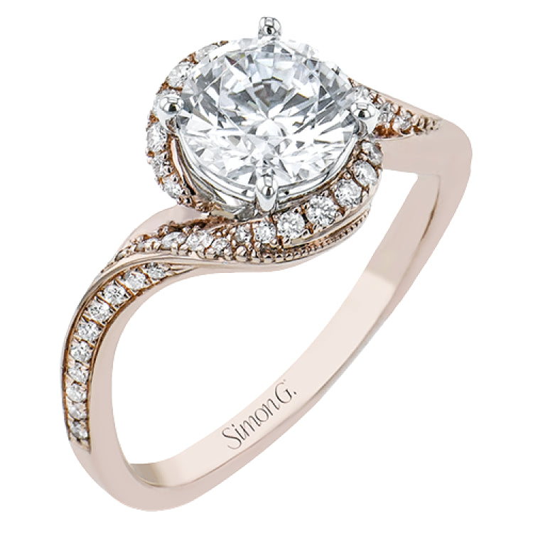 This modern vintage engagement ring of 18K rose gold features a swirl design band accented with white diamonds and a fine beaded trim, and diamond halo 0.22 ctw.